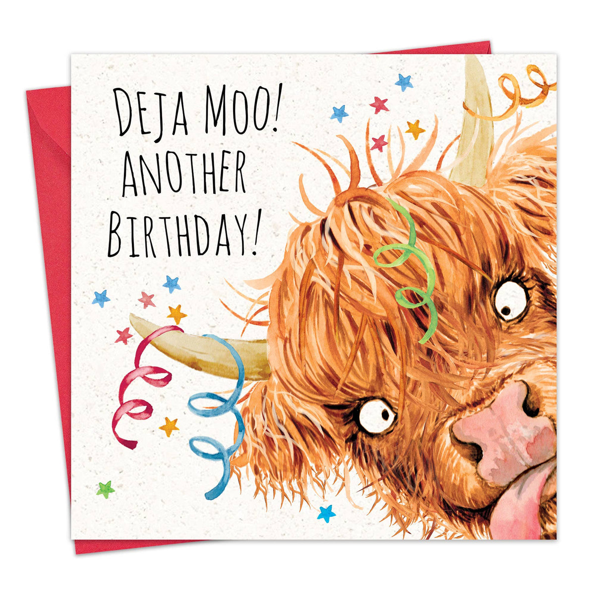 'Deja Moo! Another Birthday!' Highland Cow Birthday Card